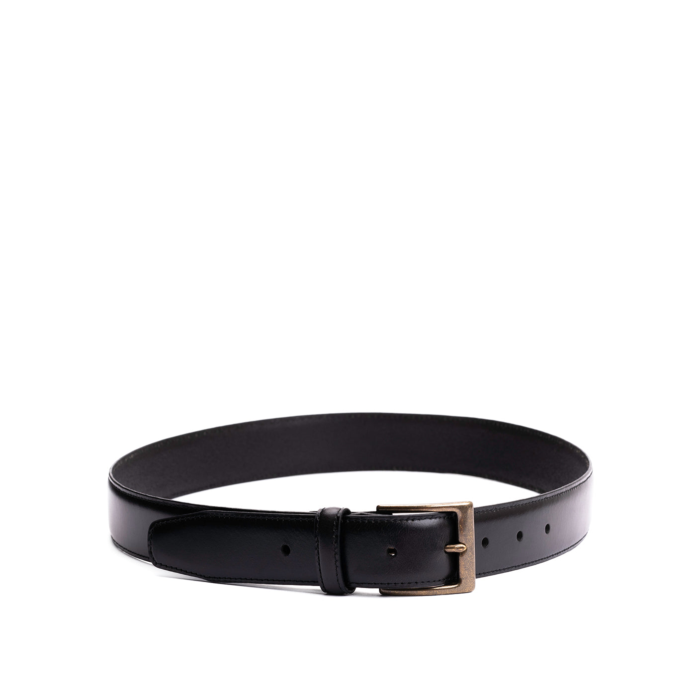 Black | Leather belt with antiqued brass buckle