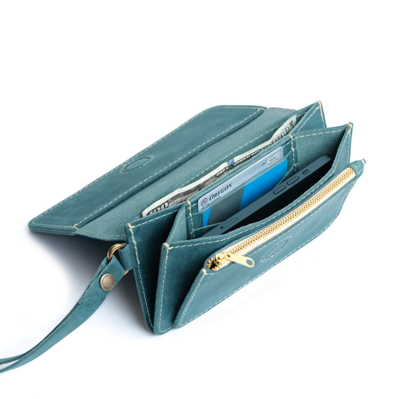 Aqua | Leather wallet clutch with wristlet and magnetic closure