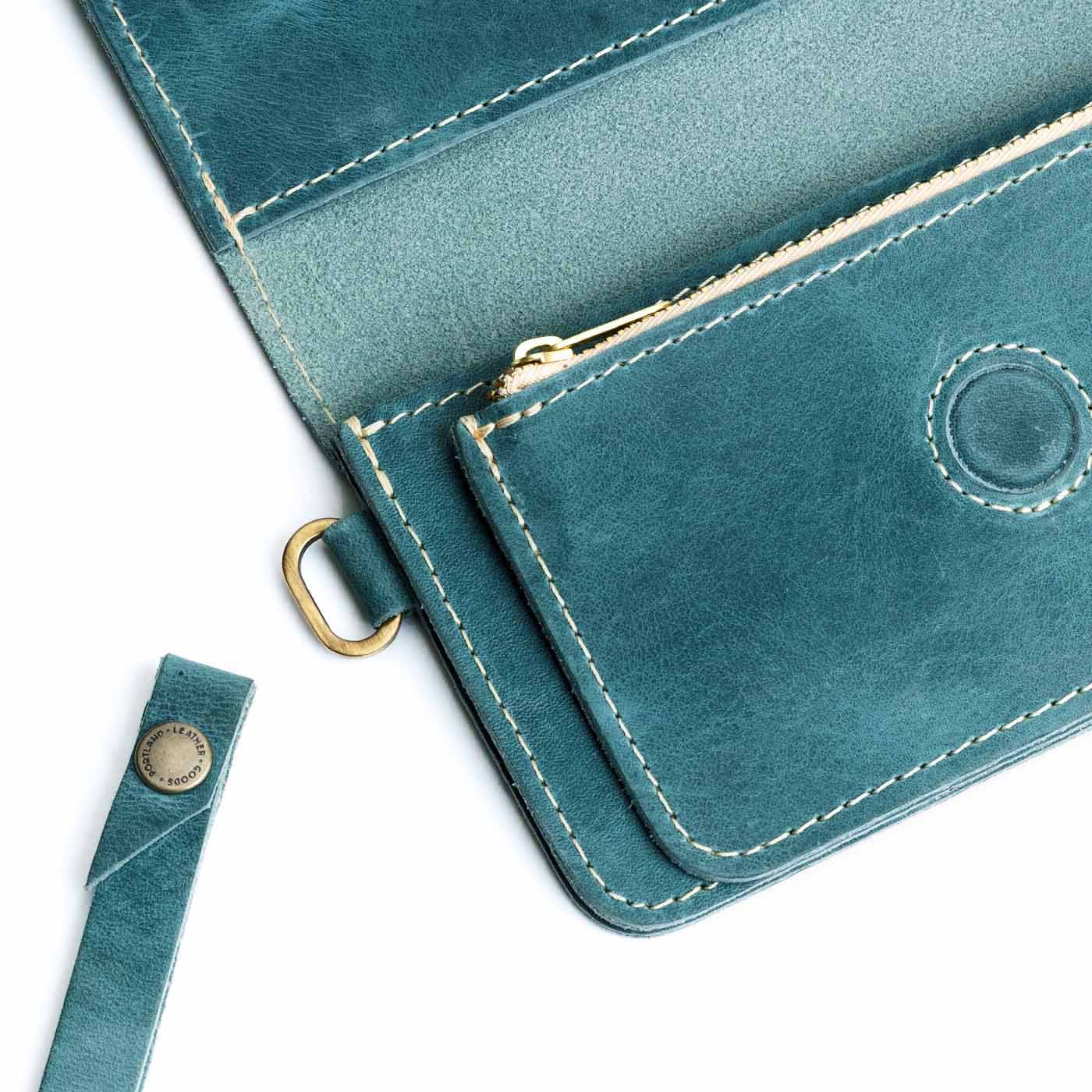 Aqua | Leather wallet clutch with wristlet and magnetic closure