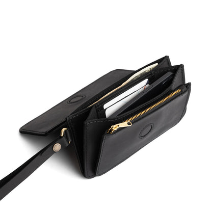 Black | Leather wallet clutch with wristlet and magnetic closure