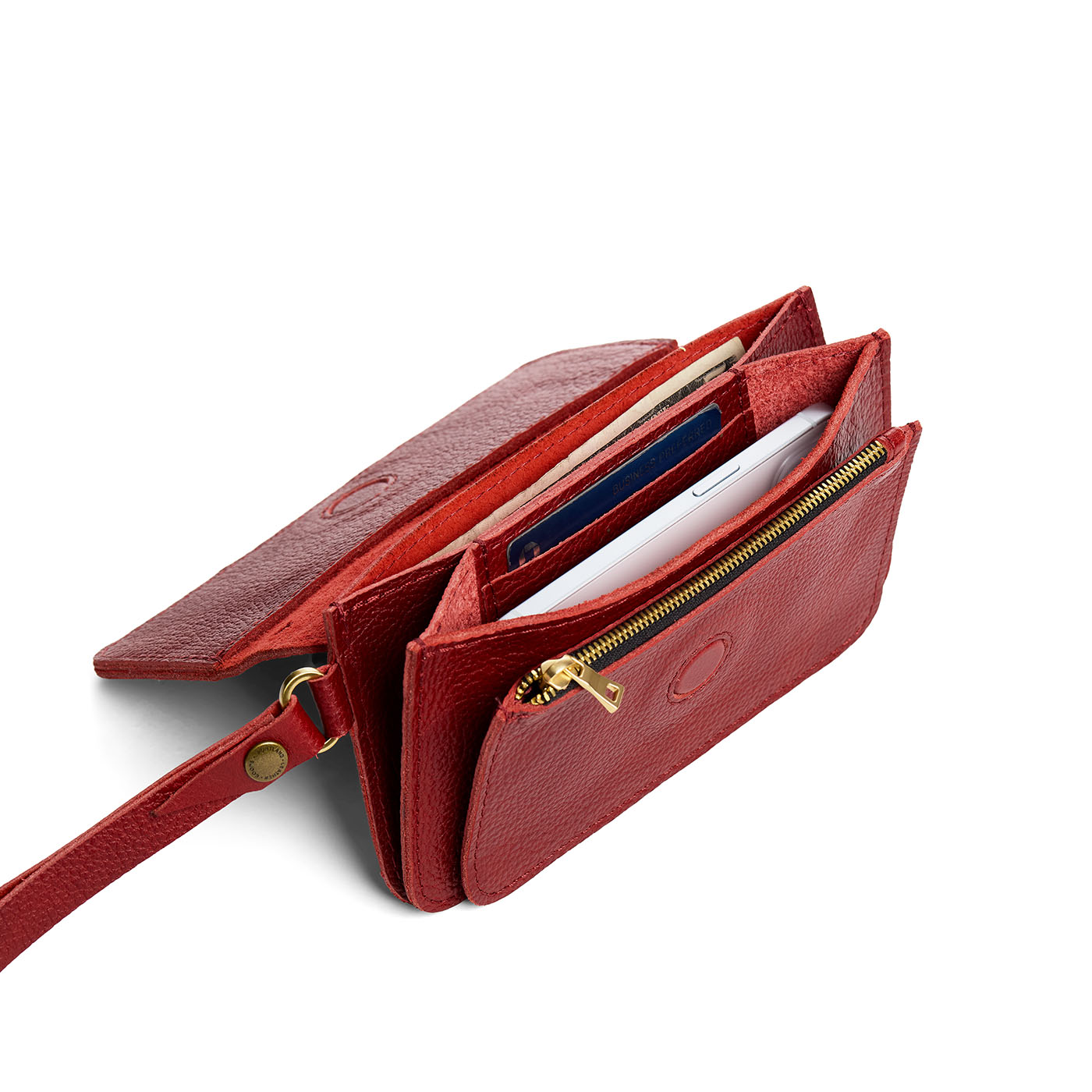 Chili Red | Leather wallet clutch with wristlet and magnetic closure