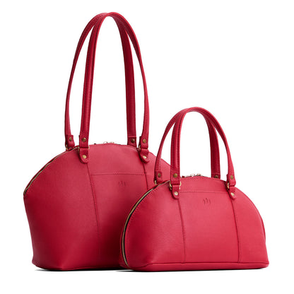 Cherry | Size comparison of the large and small half circle crossbody bag with handles and removable crossbody strap