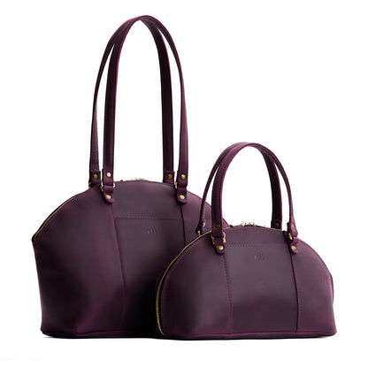 Larkspur | Size comparison of the large and small half circle crossbody bag with handles and removable crossbody strap