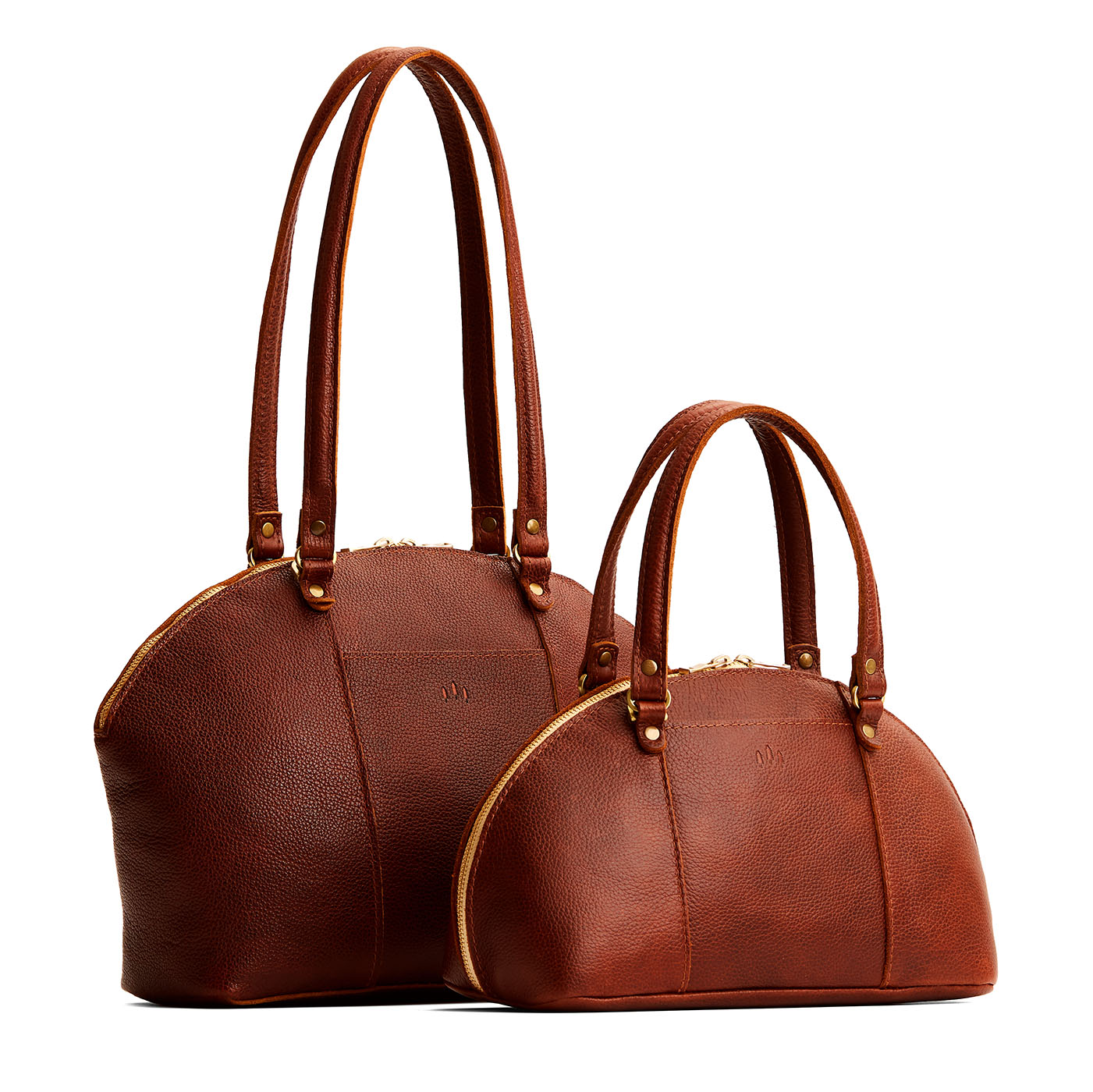 Nutmeg | Size comparison of the large and small half circle crossbody bag with handles and removable crossbody strap