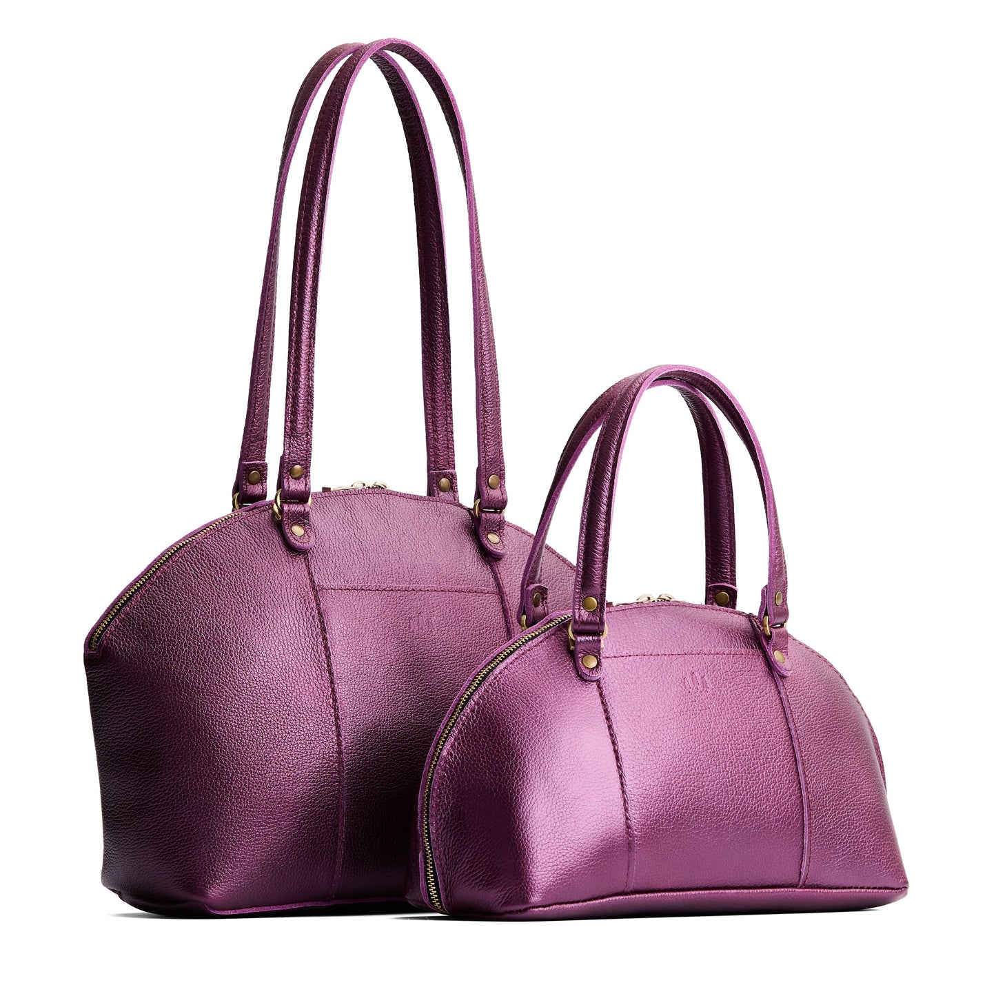 Ultra Violet | Size comparison of the large and small half circle crossbody bag with handles and removable crossbody strap