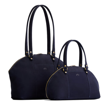 Velvet Blue | Size comparison of the large and small half circle crossbody bag with handles and removable crossbody strap