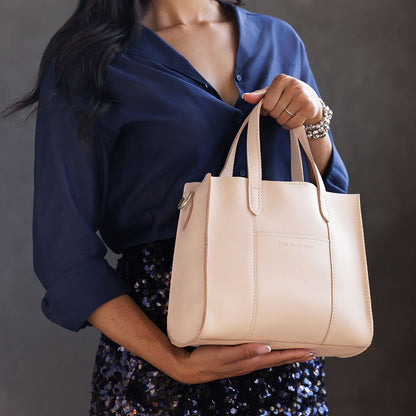 Moonflower | Structured mid-size tote bag with overlapping panels and crossbody strap
