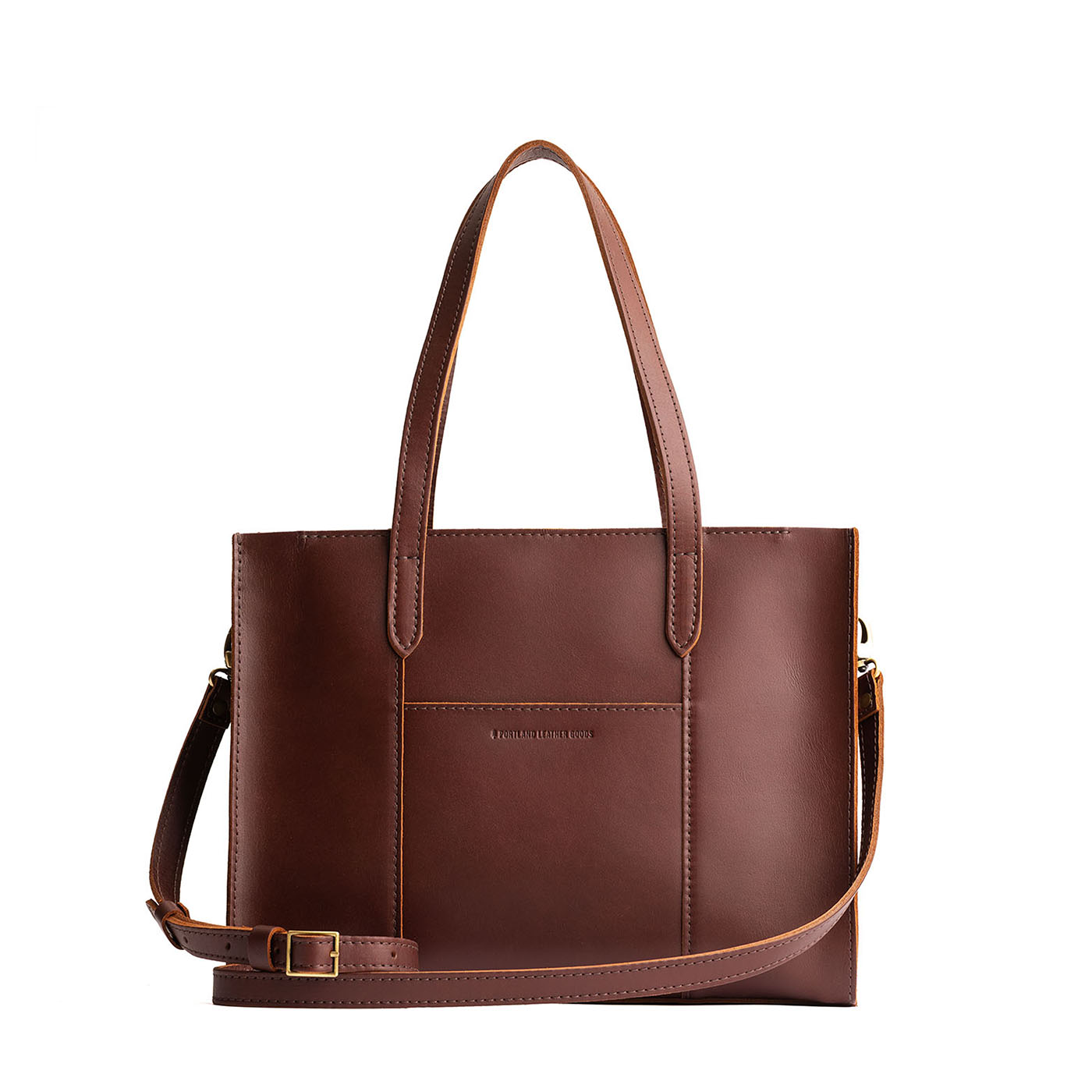 Cognac*East/West | Structured wide tote bag with overlapping panels and crossbody strap