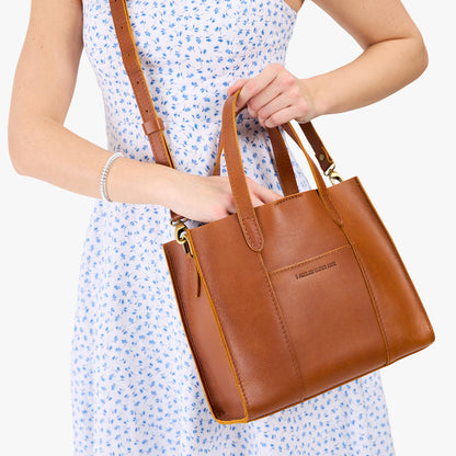Honey | Structured mid-size tote bag with overlapping panels and crossbody strap