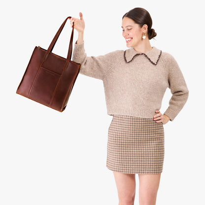 Cognac*North/South | Structured large tote bag with overlapping panels and crossbody strap