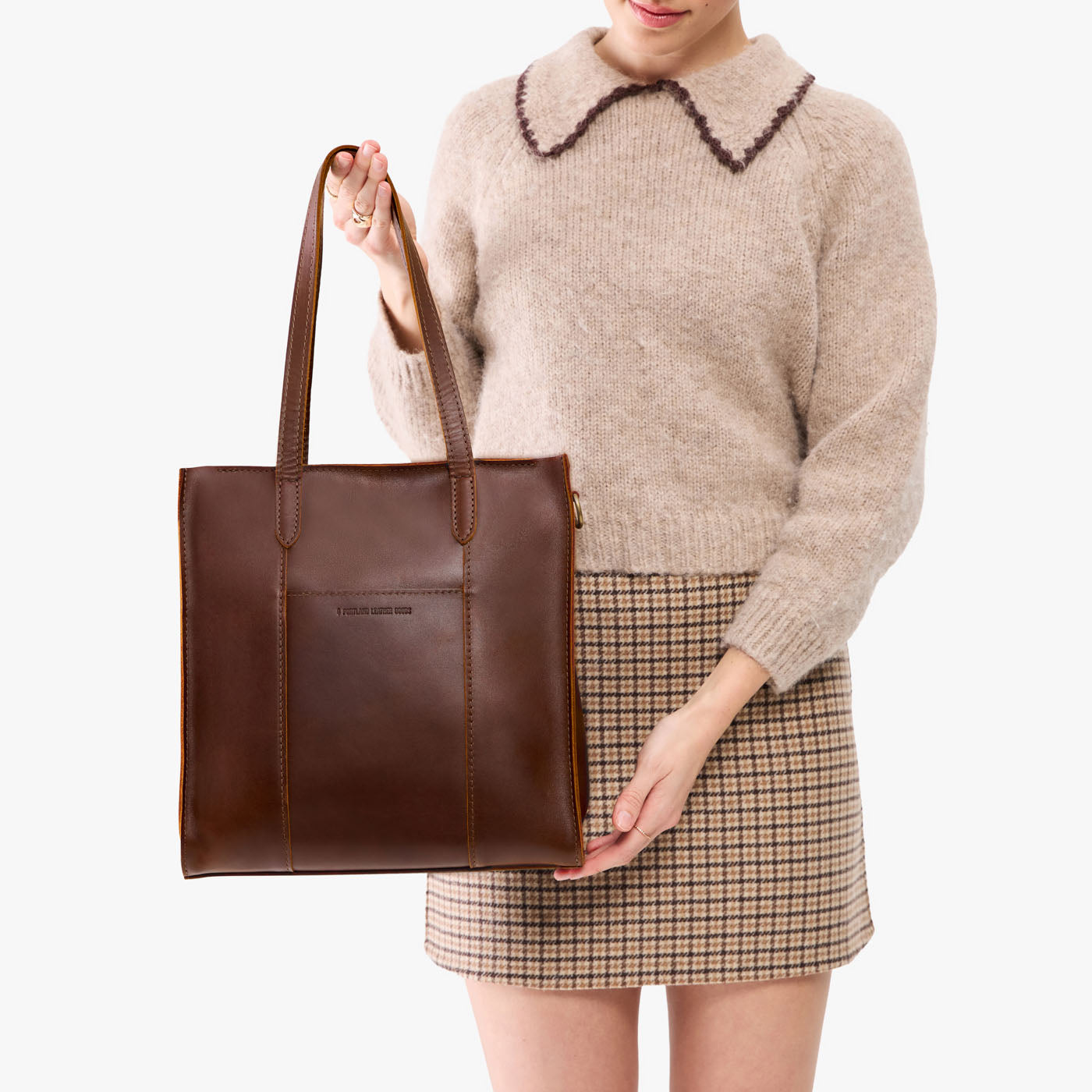 Cognac*North/South | Structured large tote bag with overlapping panels and crossbody strap