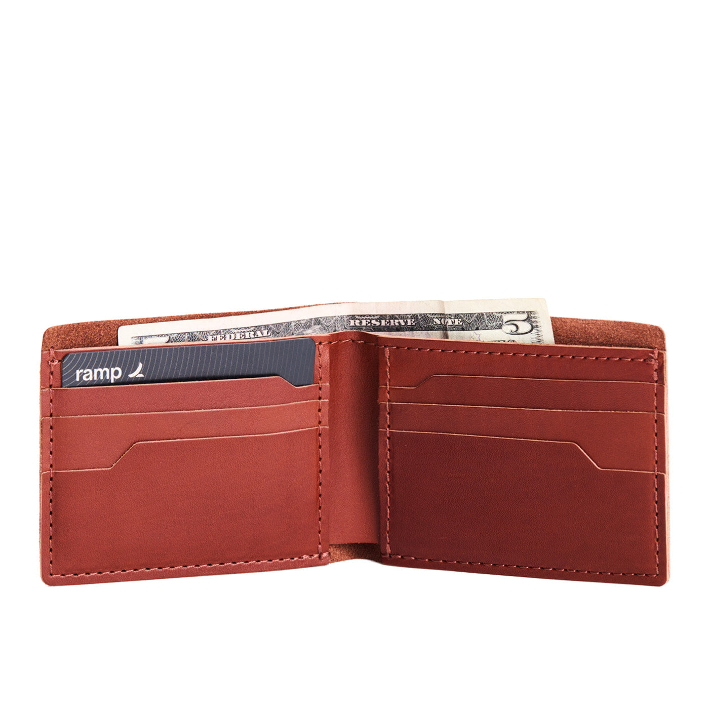 Leather bifold wallet with six geometric card slots
