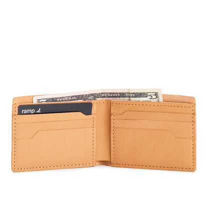 Leather bifold wallet with six geometric card slots