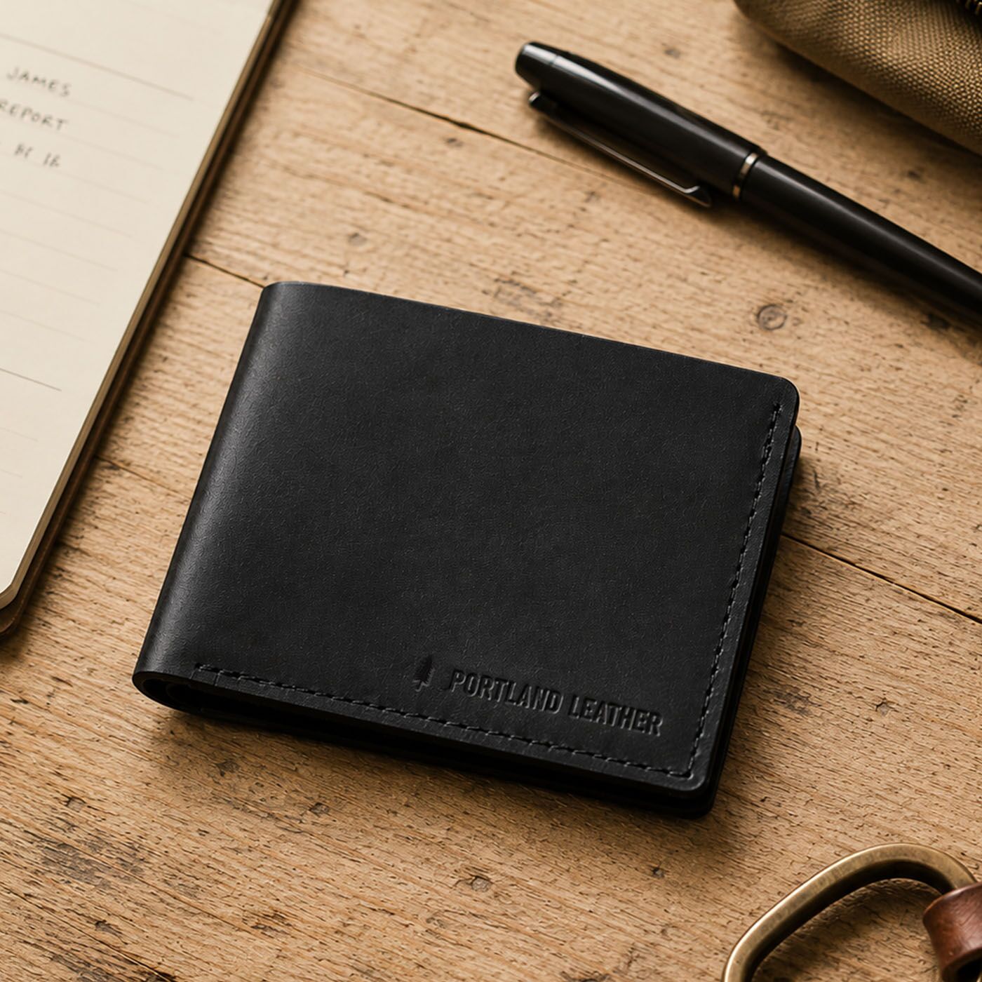 Nero | A leather bifold wallet with visible stitching and an embossed 'PORTLAND LEATHER' logo