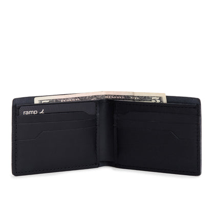 Leather bifold wallet with six geometric card slots