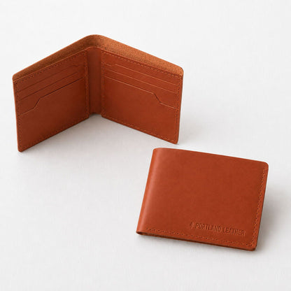 Toscano | A leather bifold wallet shown open and closed on a clean white background. The open wallet displays multiple card slots and interior pockets, while the closed wallet in the foreground features 'PORTLAND LEATHER' debossed on the bottom right corner.