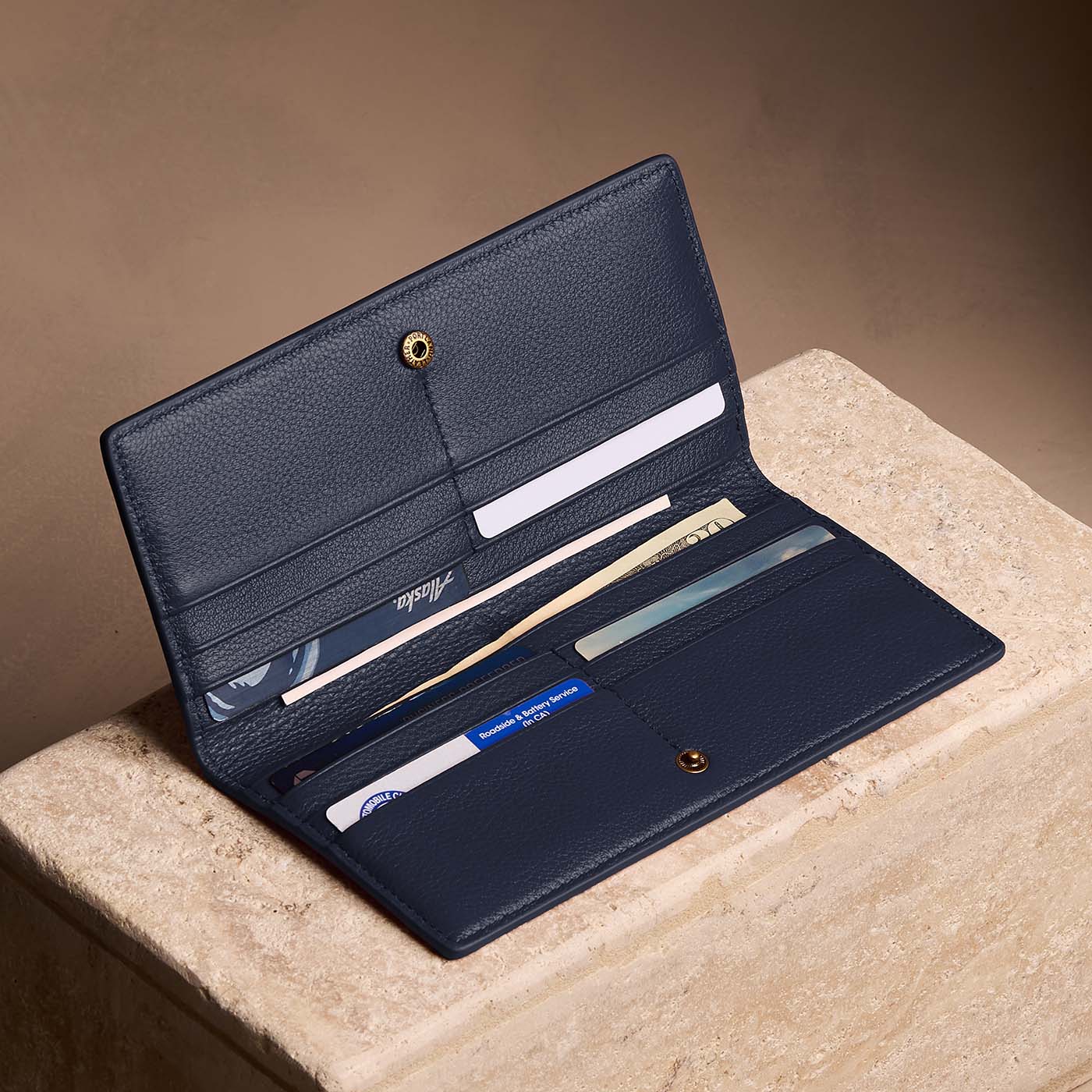 Anchor Blue*Large | Slim leather bifold wallet with multiple card slots and a zippered back pocket