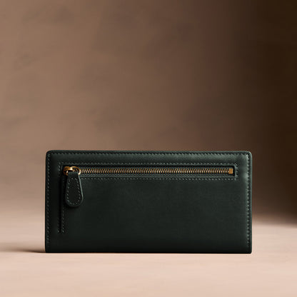 Regent Green*Large | Slim leather bifold wallet with multiple card slots and a zippered back pocket - back view