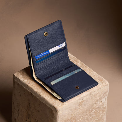 Anchor Blue*Small | Petite slim leather bifold wallet with multiple card slots and a zippered back pocket