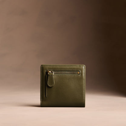 Bay Green*Small | Petite slim leather bifold wallet with multiple card slots and a zippered back pocket - back view
