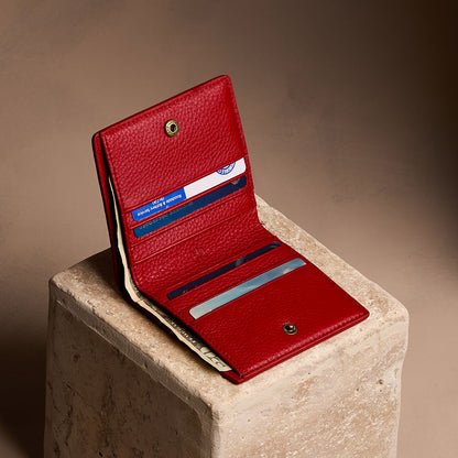 Icon Red*Small | Petite slim leather bifold wallet with multiple card slots and a zippered back pocket