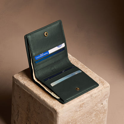 Regent Green*Small | Petite slim leather bifold wallet with multiple card slots and a zippered back pocket