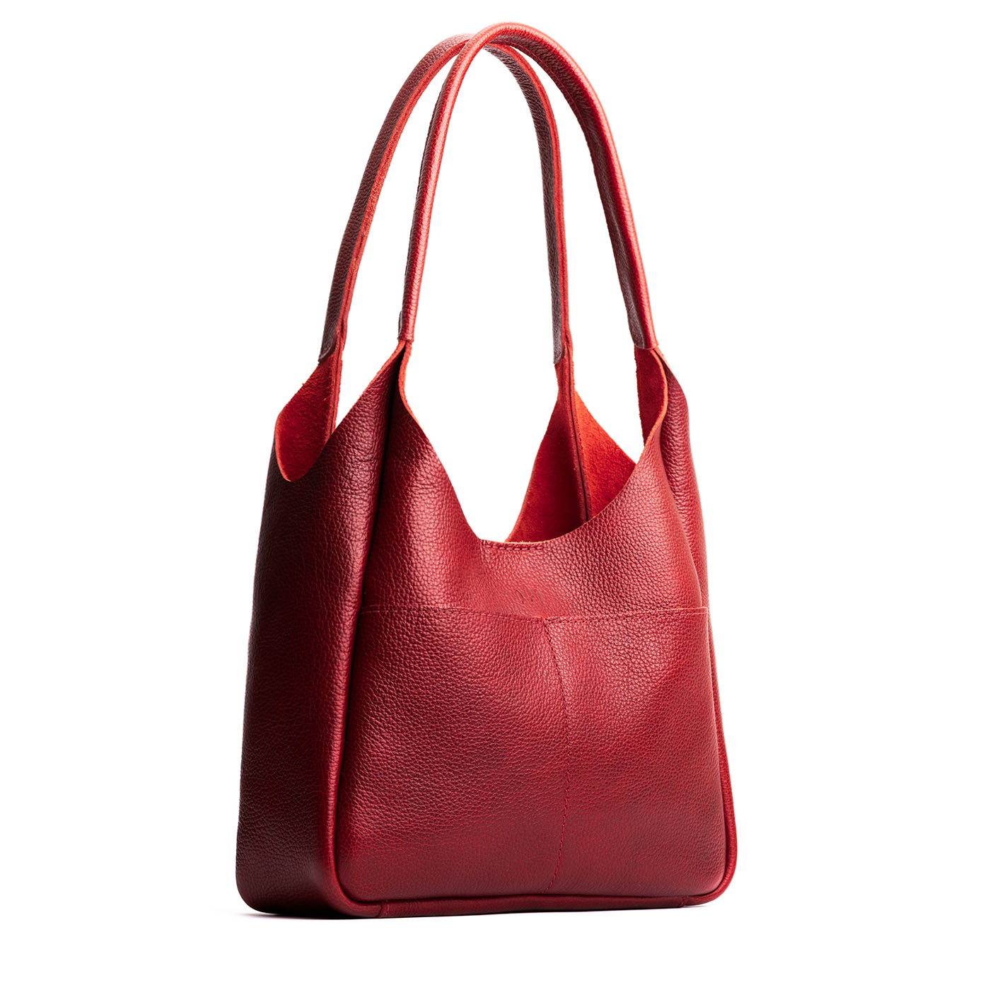 Chili Red*Large | U-shaped, flat-bottomed leather shoulder bag with two outside pockets