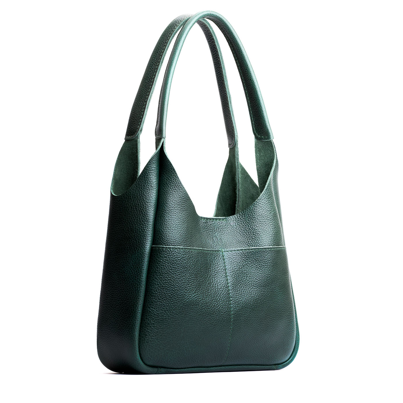 Forest Green*Large | U-shaped, flat-bottomed leather shoulder bag with two outside pockets