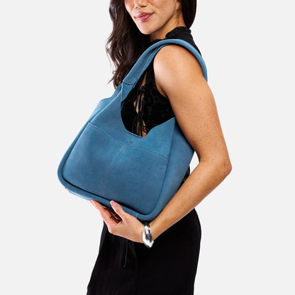 Mariner Blue*Large | U-shaped, flat-bottomed leather shoulder bag with two outside pockets
