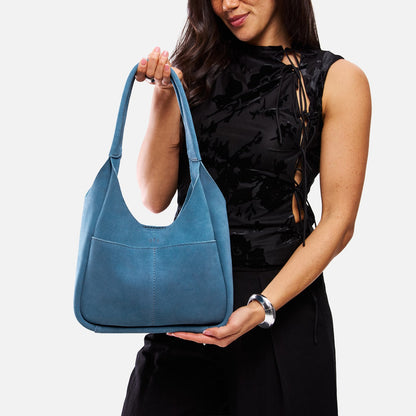 Mariner Blue*Large | U-shaped, flat-bottomed leather shoulder bag with two outside pockets