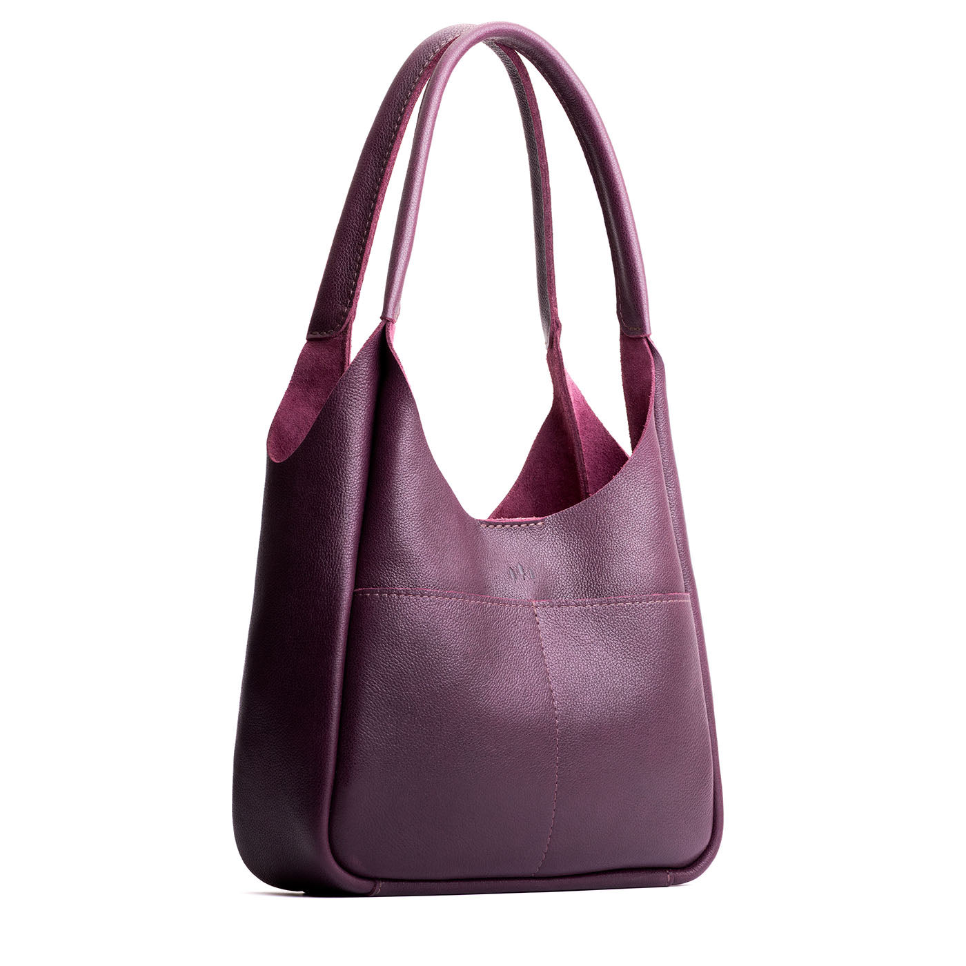Plum*Large | U-shaped, flat-bottomed leather shoulder bag with two outside pockets