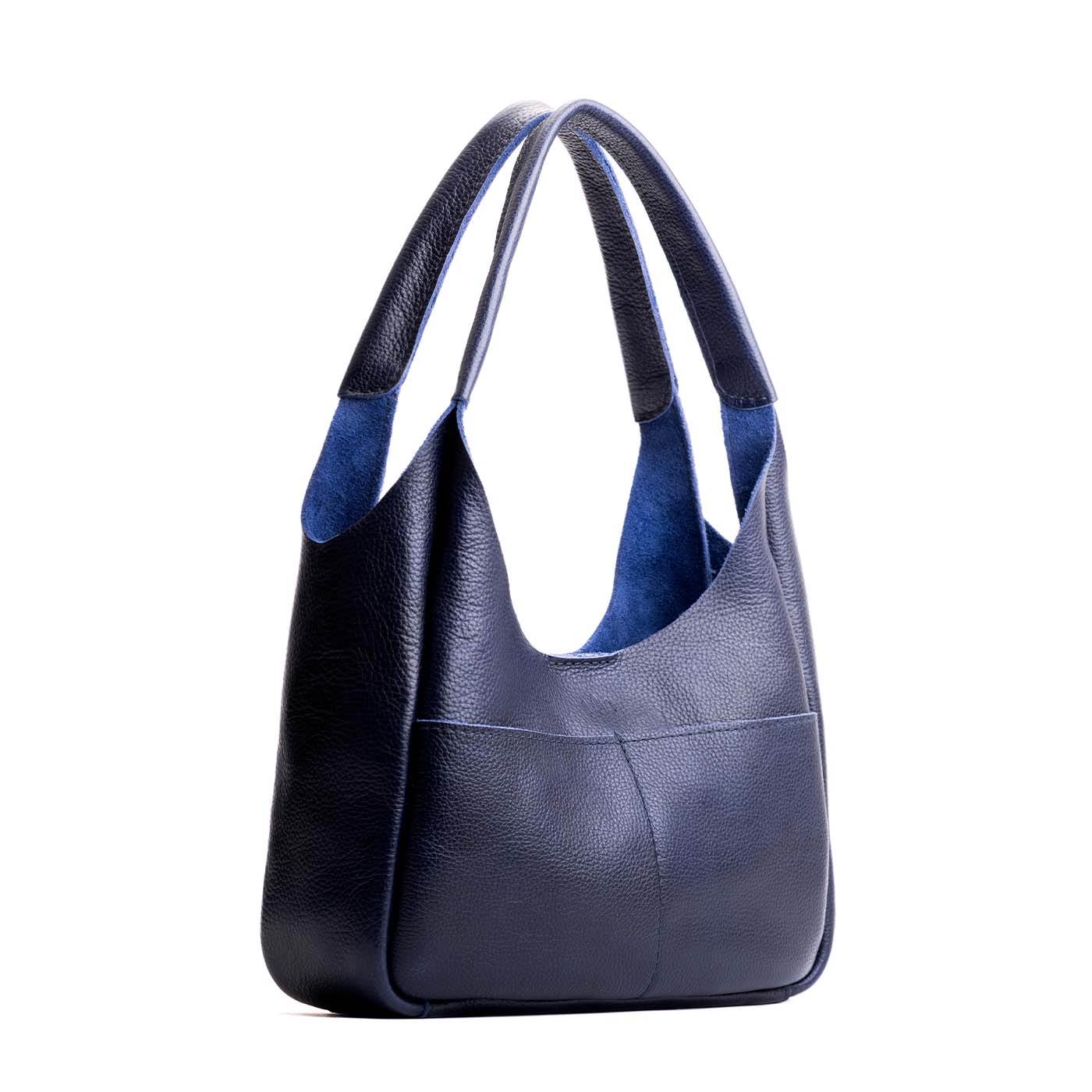 Cobalt*Medium | U-shaped, flat-bottomed leather shoulder bag with two outside pockets