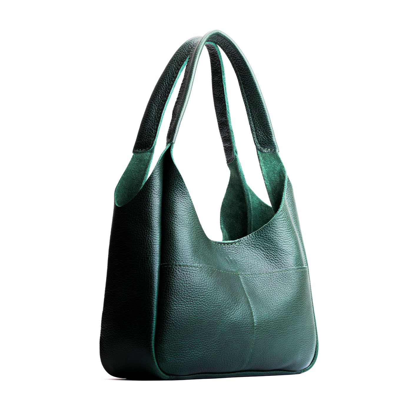 Forest Green*Medium | U-shaped, flat-bottomed leather shoulder bag with two outside pockets