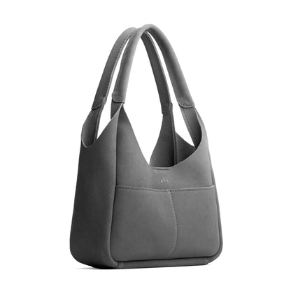 Smoke Grey*Medium | U-shaped, flat-bottomed leather shoulder bag with two outside pockets