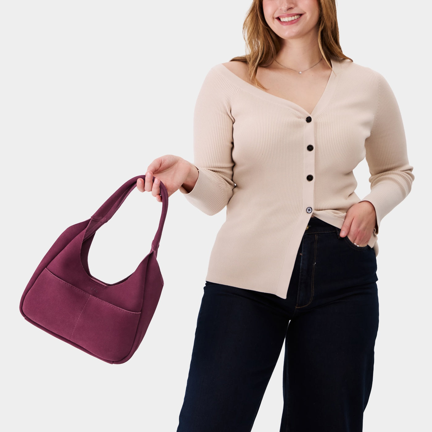 Superbloom*Medium | U-shaped, flat-bottomed leather shoulder bag with two outside pockets
