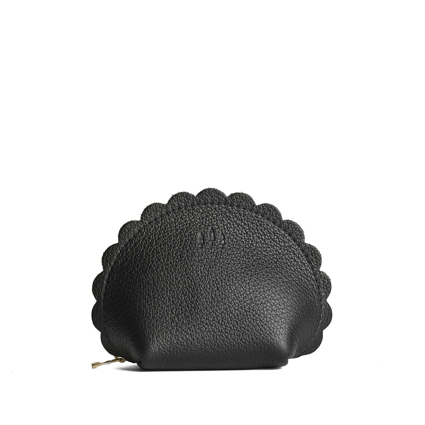 Pebbled--black*Large | Curved leather pouch with zipper and scalloped edges