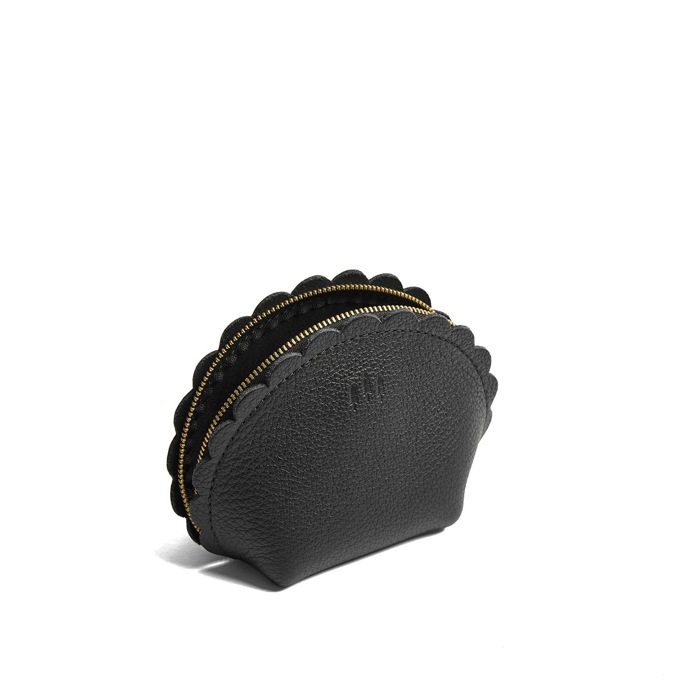 Pebbled--black*Large | Curved leather pouch with zipper and scalloped edges
