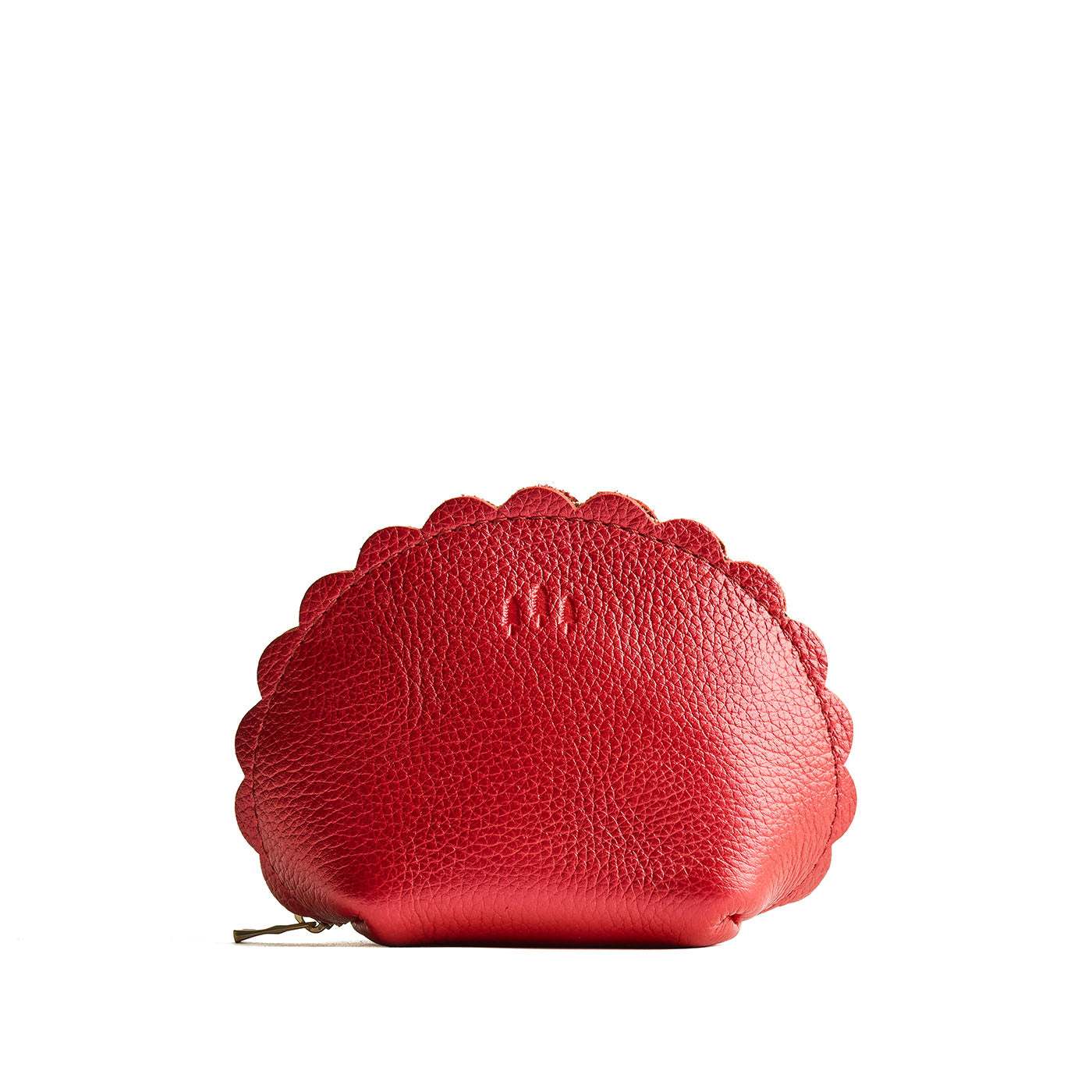 Reba Red*Large | Curved leather pouch with zipper and scalloped edges