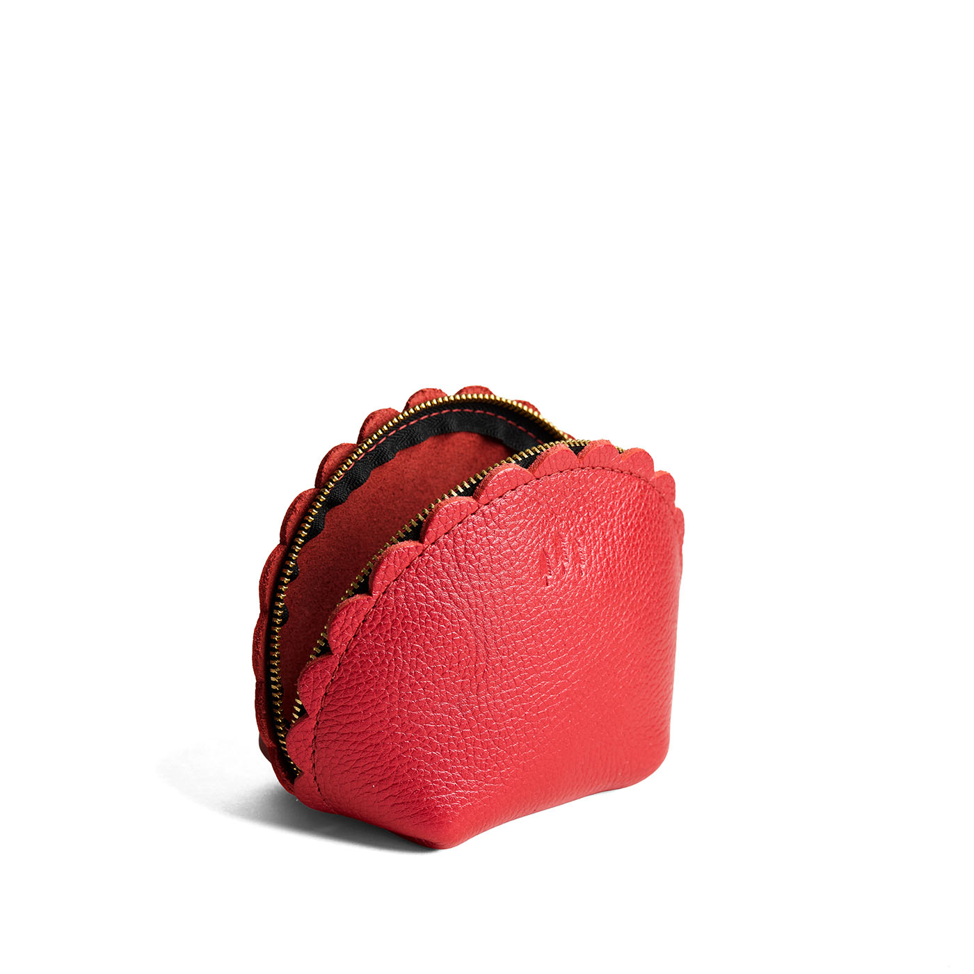 Reba Red*Large | Curved leather pouch with zipper and scalloped edges
