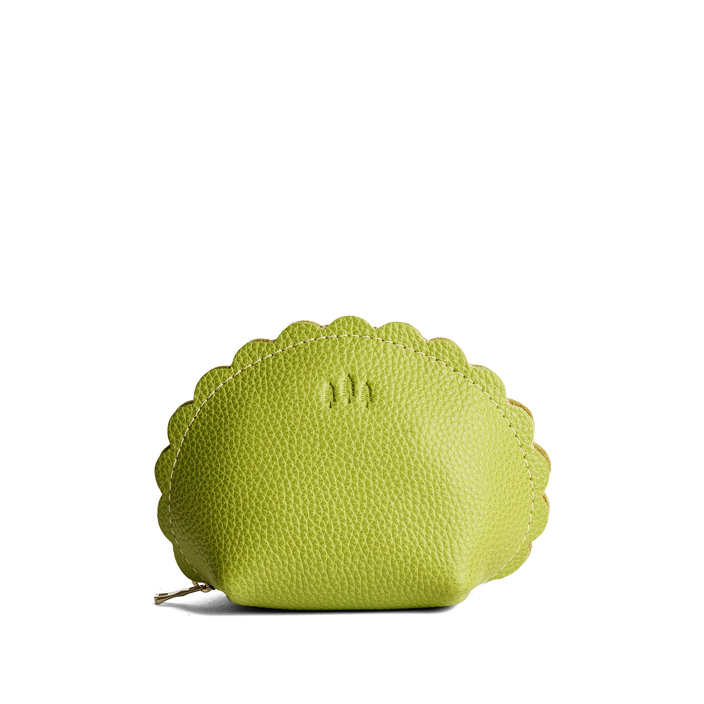 Wasabi*Large | Curved leather pouch with zipper and scalloped edges
