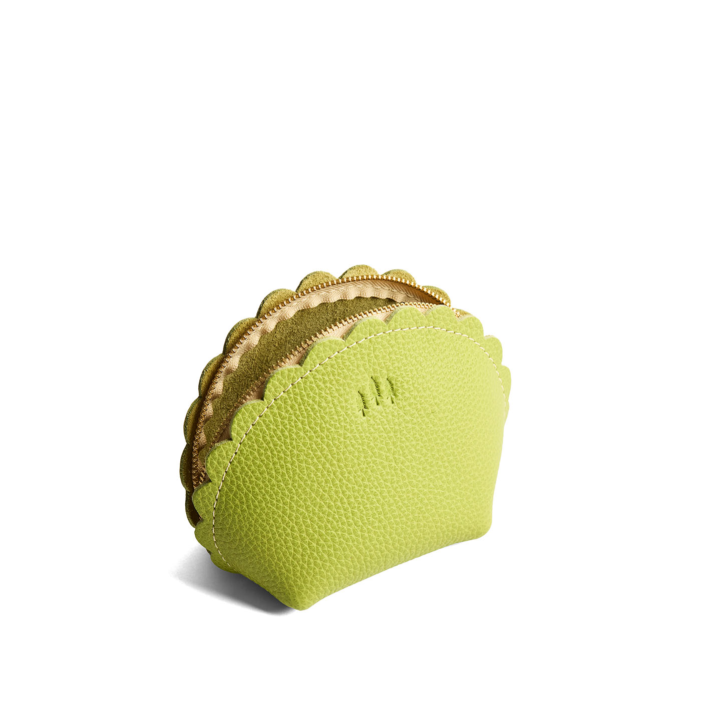 Wasabi*Large | Curved leather pouch with zipper and scalloped edges