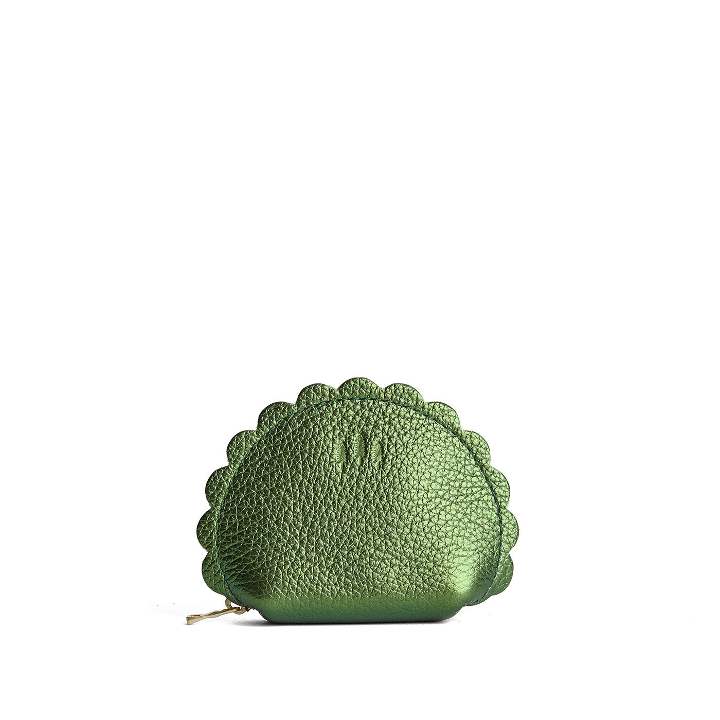 Metallic Greench*Small | Curved leather pouch with zipper and scalloped edges