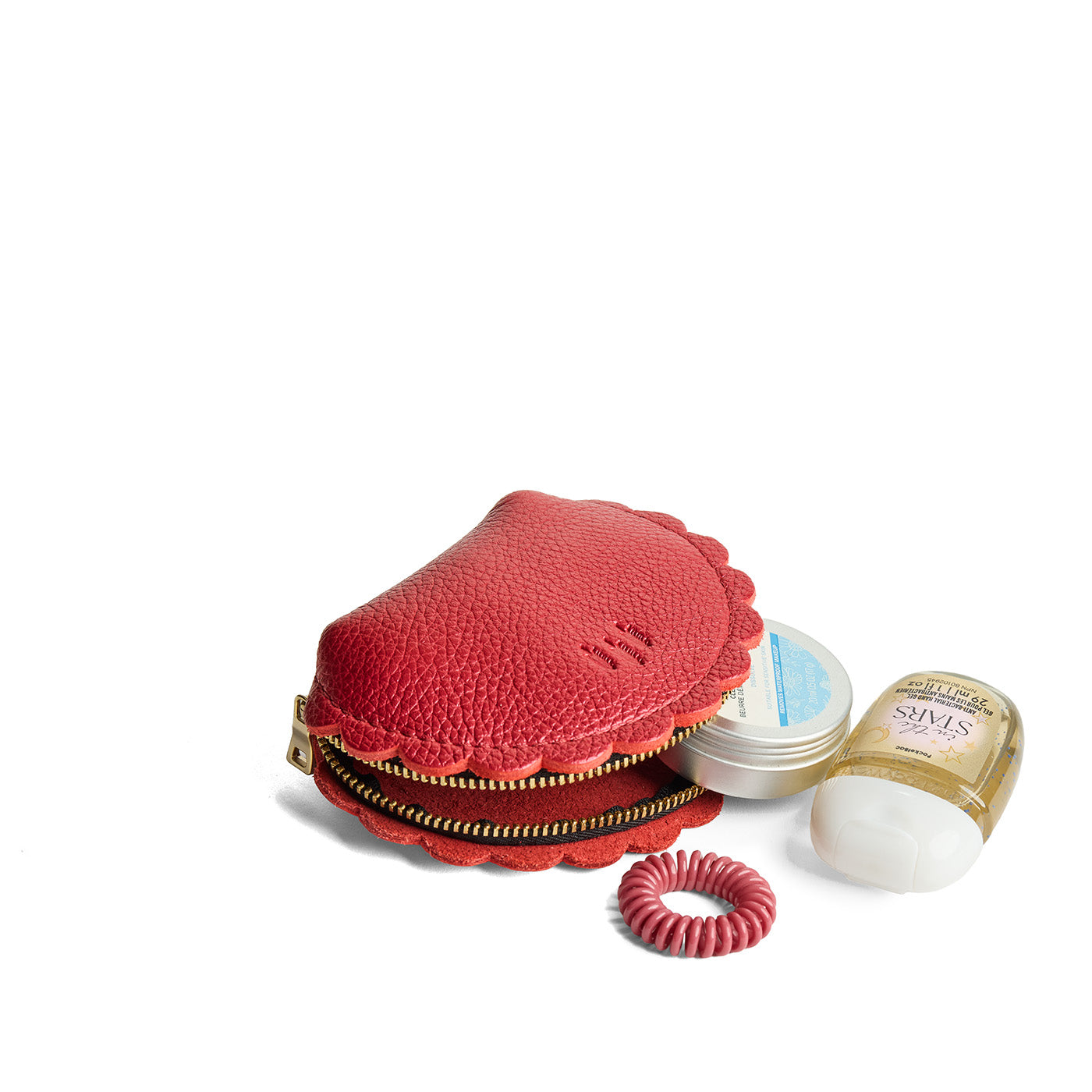 Reba Red*Small | Curved leather pouch with zipper and scalloped edges