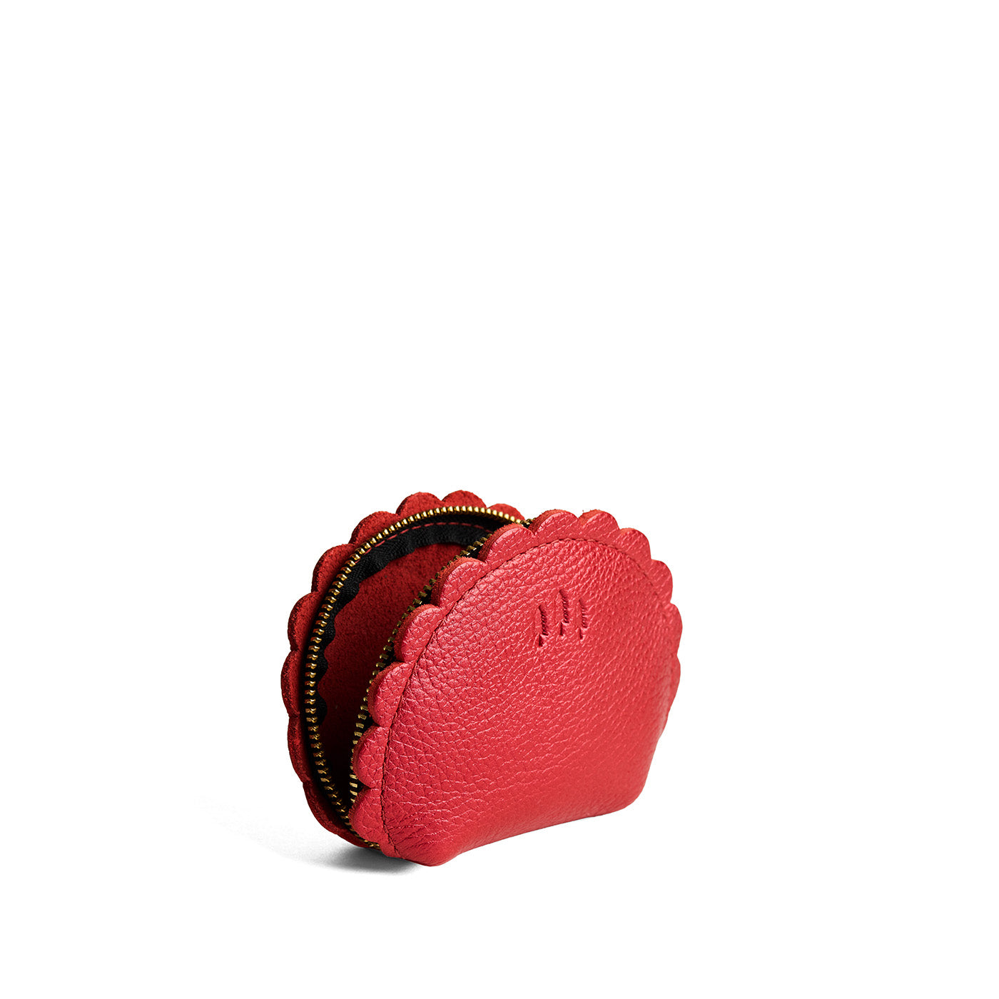 Reba Red*Small | Curved leather pouch with zipper and scalloped edges
