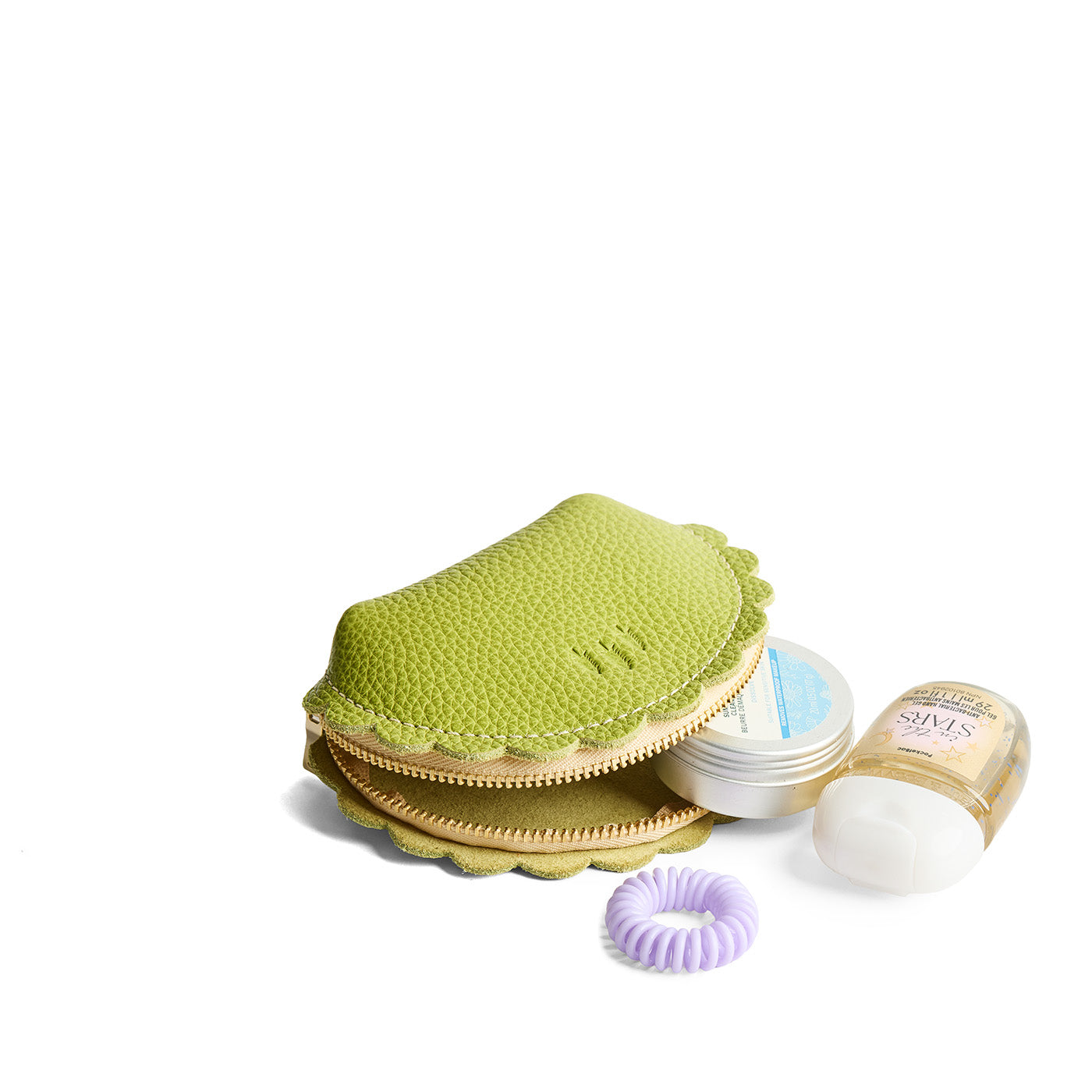Wasabi*Small | Curved leather pouch with zipper and scalloped edges