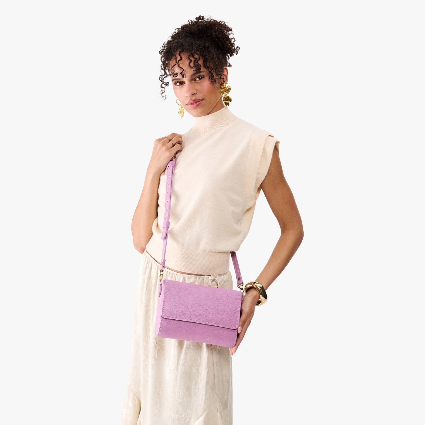 Calla Lily*Medium | Model Wearing Small Leather Crossbody Bag with Magnetic Messenger Bag Closure