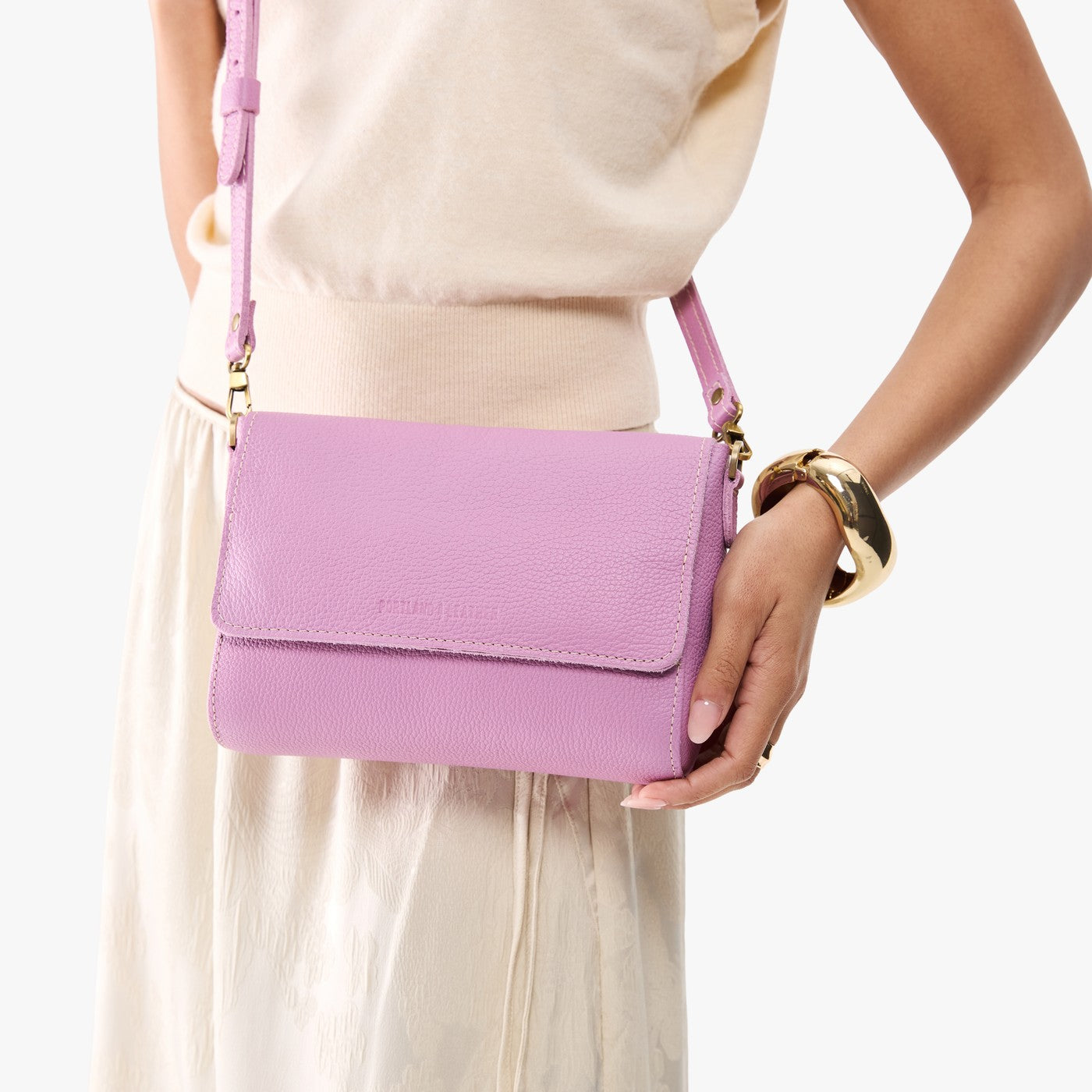 Calla Lily*Medium | Model Wearing Small Leather Crossbody Bag with Magnetic Messenger Bag Closure