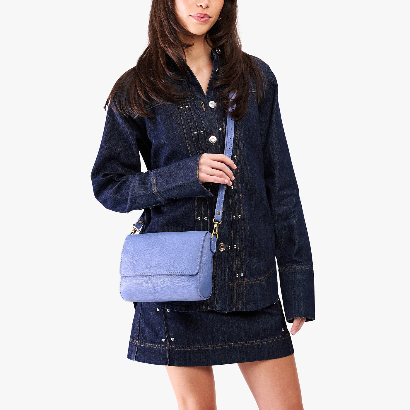 Aster*Medium | Model Wearing Small Leather Crossbody Bag with Magnetic Messenger Bag Closure