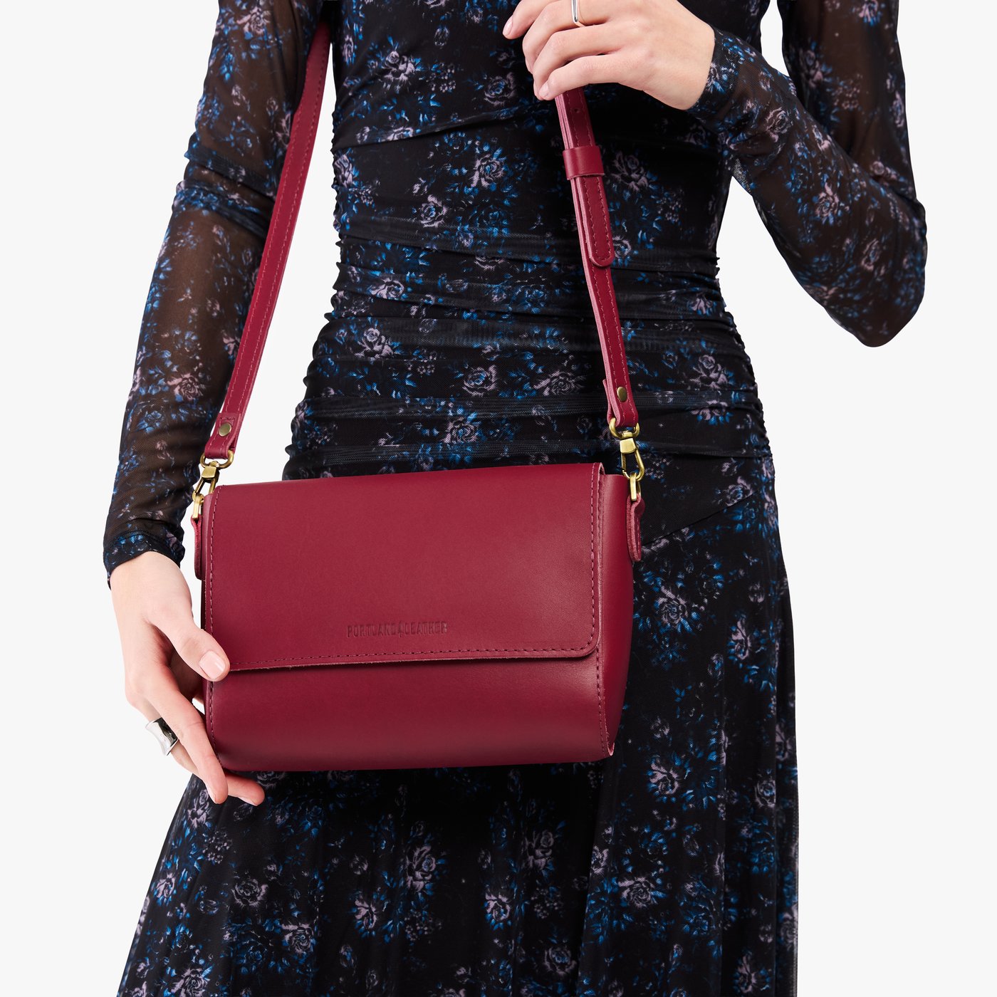 Berry Good*Medium | Model Wearing Small Leather Crossbody Bag with Magnetic Messenger Bag Closure