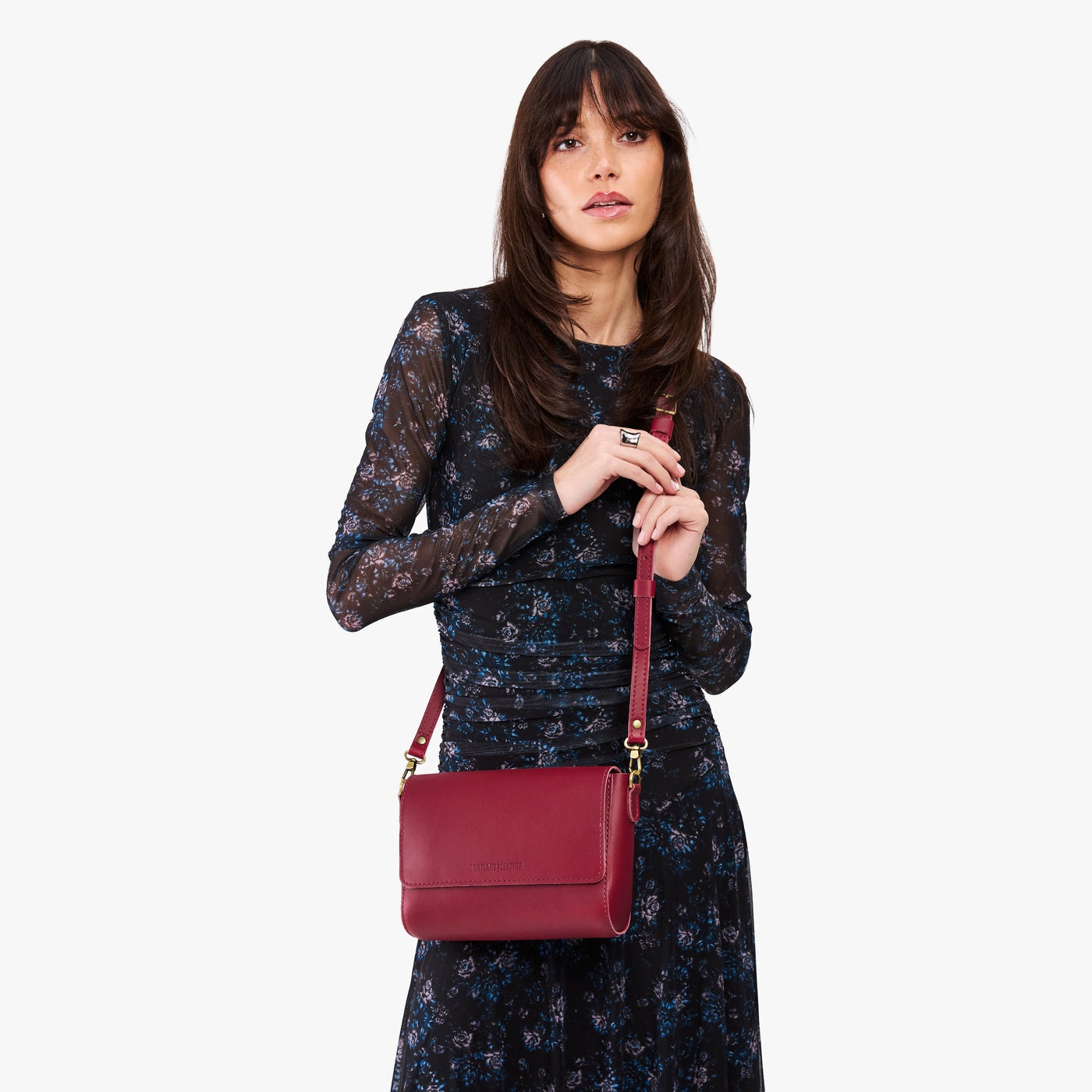 Berry Good*Medium | Model Wearing Small Leather Crossbody Bag with Magnetic Messenger Bag Closure